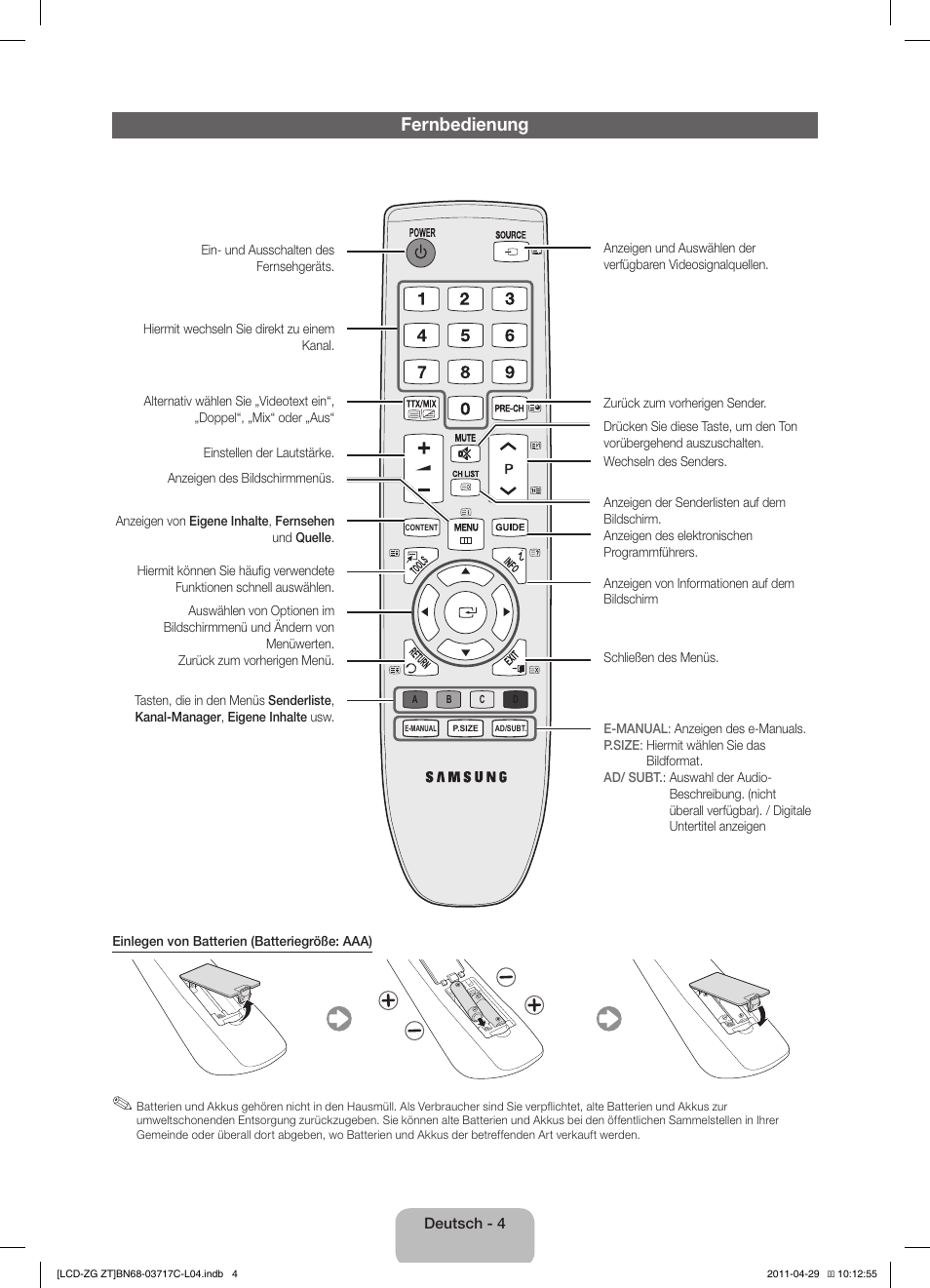 Fernbedienung | Samsung LE40D503F7W User Manual | Page 18 / 58