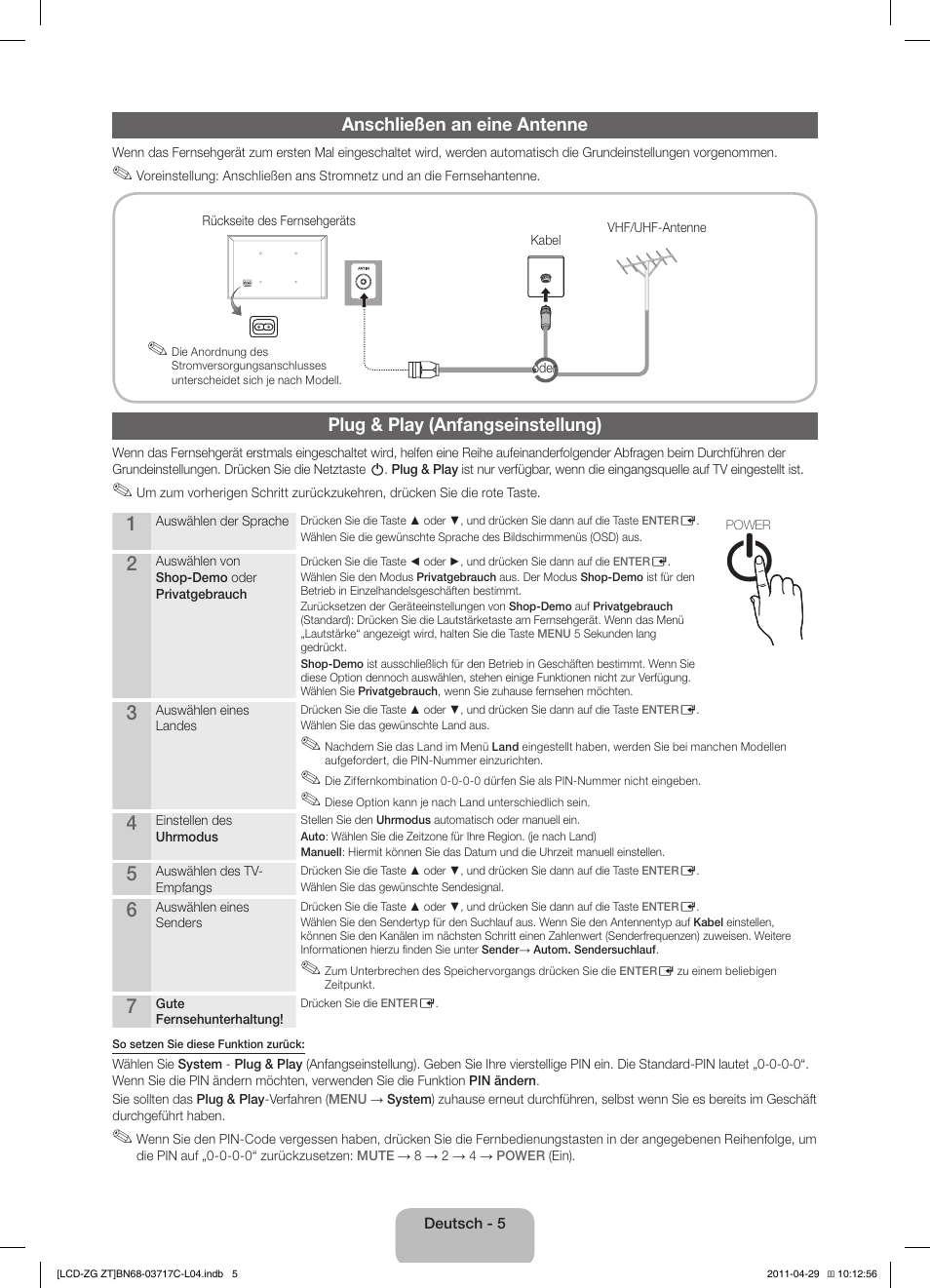 Anschließen an eine antenne, Plug & play (anfangseinstellung) | Samsung LE40D503F7W User Manual | Page 19 / 58