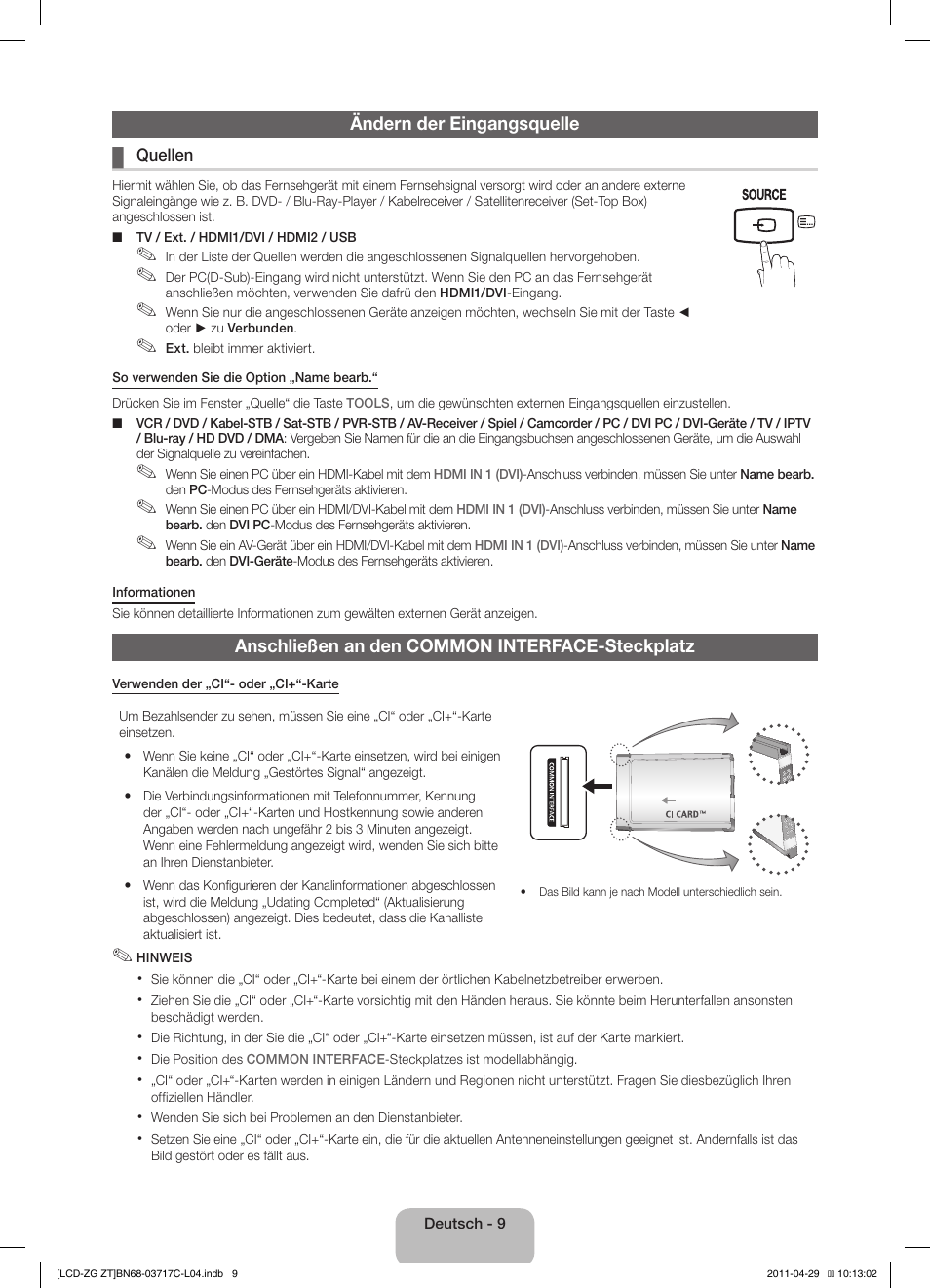 Ändern der eingangsquelle, Anschließen an den common interface-steckplatz | Samsung LE40D503F7W User Manual | Page 23 / 58