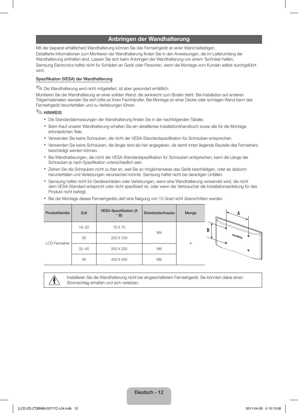 Anbringen der wandhalterung | Samsung LE40D503F7W User Manual | Page 26 / 58