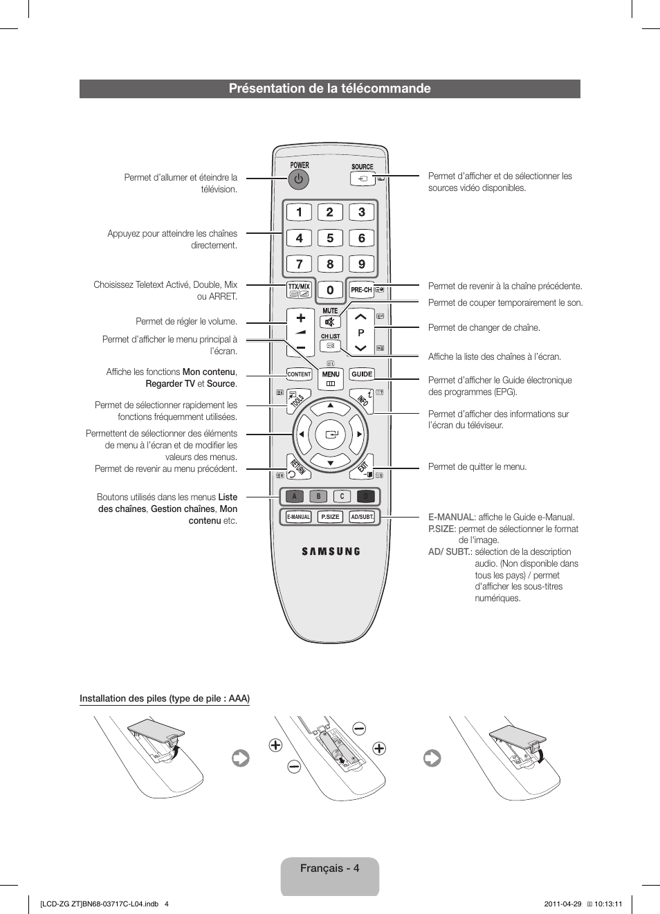 Présentation de la télécommande | Samsung LE40D503F7W User Manual | Page 32 / 58