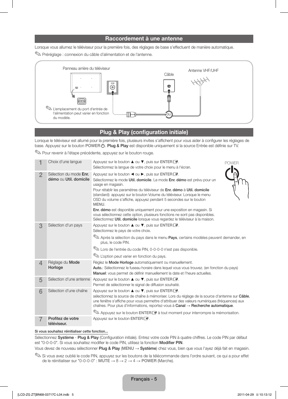 Raccordement à une antenne, Plug & play (configuration initiale) | Samsung LE40D503F7W User Manual | Page 33 / 58