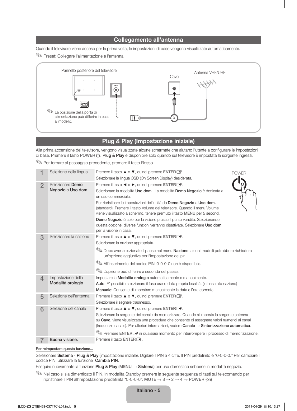 Collegamento all'antenna, Plug & play (impostazione iniziale) | Samsung LE40D503F7W User Manual | Page 47 / 58