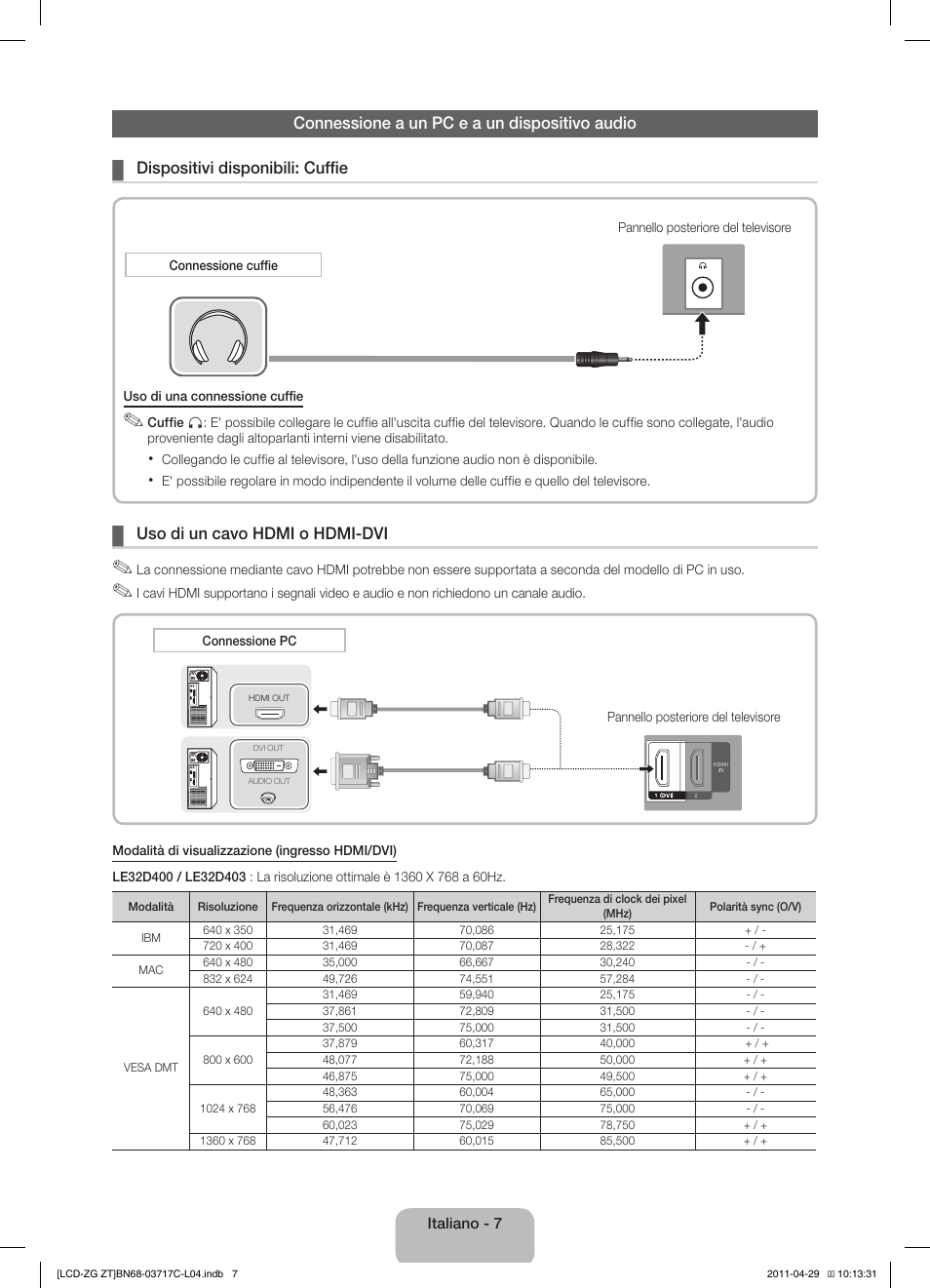 Uso di un cavo hdmi o hdmi-dvi | Samsung LE40D503F7W User Manual | Page 49 / 58