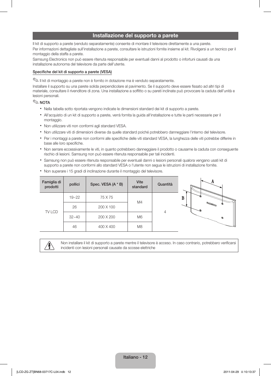 Installazione del supporto a parete | Samsung LE40D503F7W User Manual | Page 54 / 58