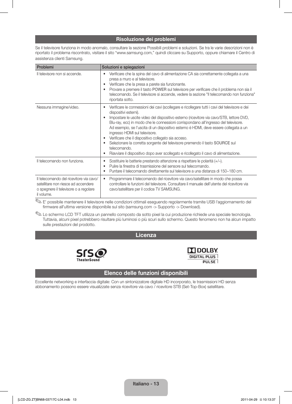 Licenza elenco delle funzioni disponibili | Samsung LE40D503F7W User Manual | Page 55 / 58