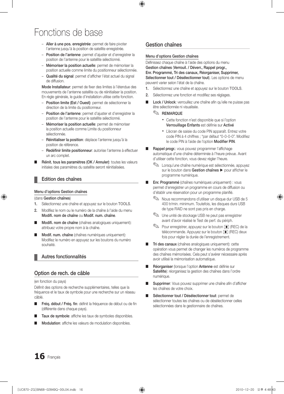 Fonctions de base, Option de rech. de câble, Gestion chaînes | Samsung UE46S870XS User Manual | Page 148 / 264