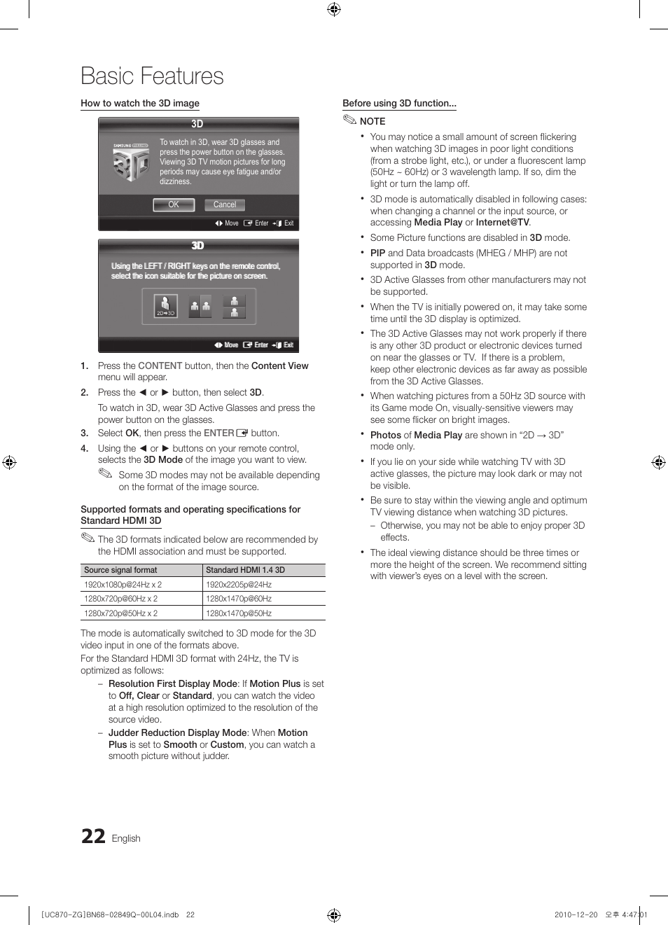 Basic features | Samsung UE46S870XS User Manual | Page 22 / 264