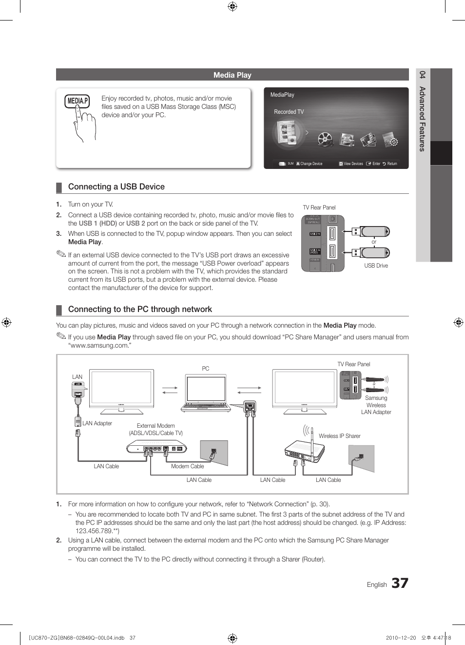 Connecting a usb device, Connecting to the pc through network | Samsung UE46S870XS User Manual | Page 37 / 264