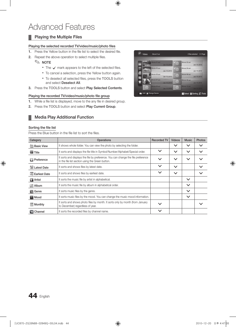 Advanced features, Playing the multiple files, Media play additional function | Samsung UE46S870XS User Manual | Page 44 / 264