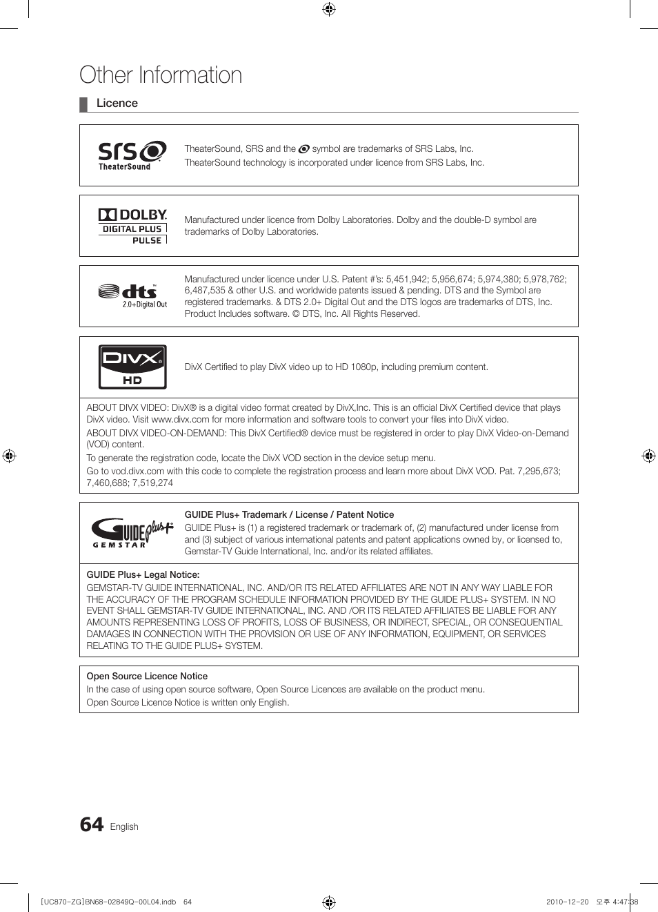 Other information | Samsung UE46S870XS User Manual | Page 64 / 264