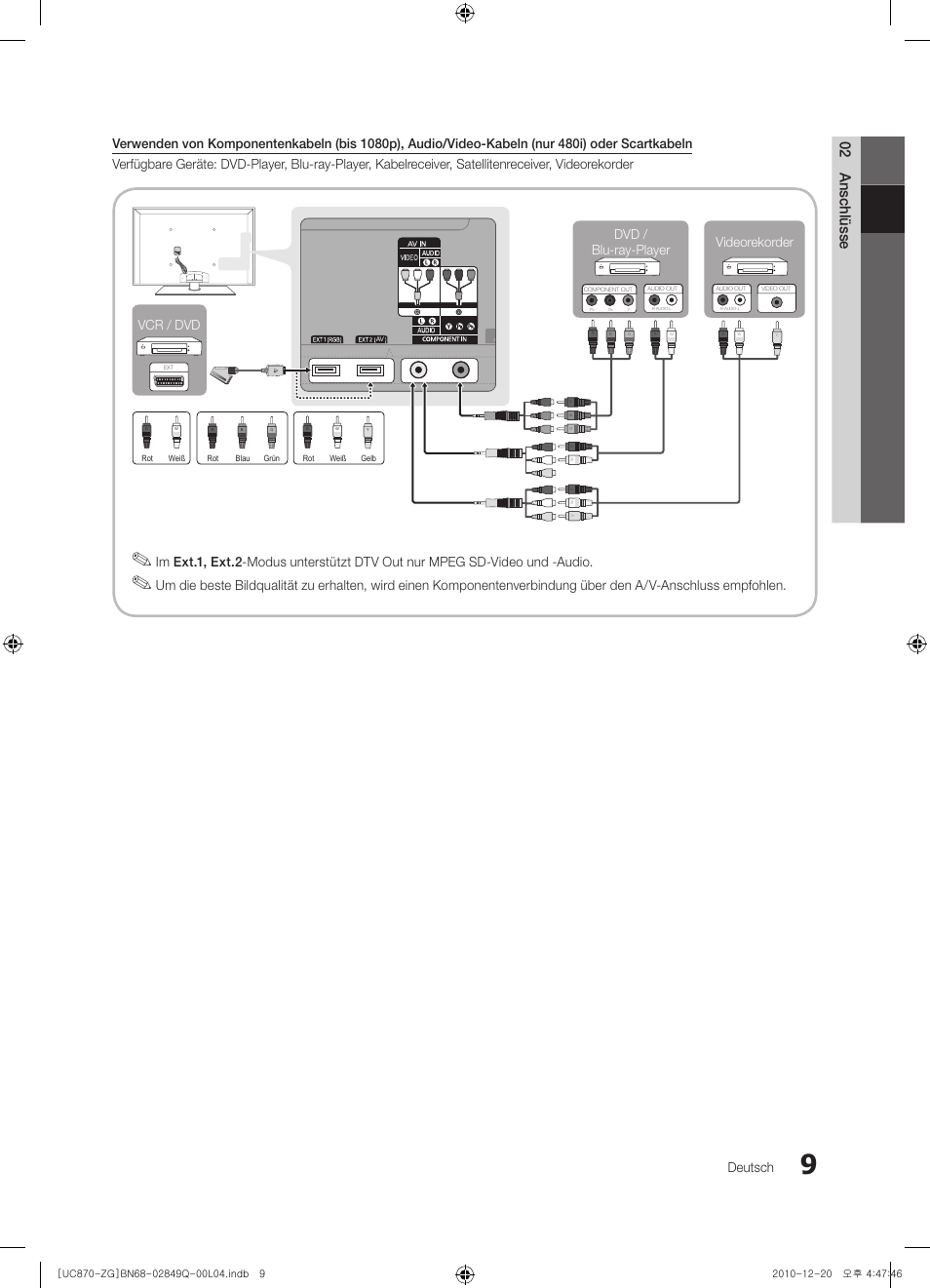 02 anschlüsse, Deutsch, Vcr / dvd videorekorder dvd / blu-ray-player | Samsung UE46S870XS User Manual | Page 75 / 264