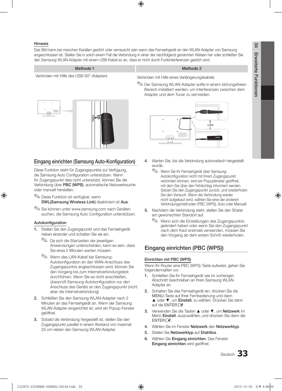 Eingang einrichten (samsung auto-konfiguration), Eingang einrichten (pbc (wps)) | Samsung UE46S870XS User Manual | Page 99 / 264