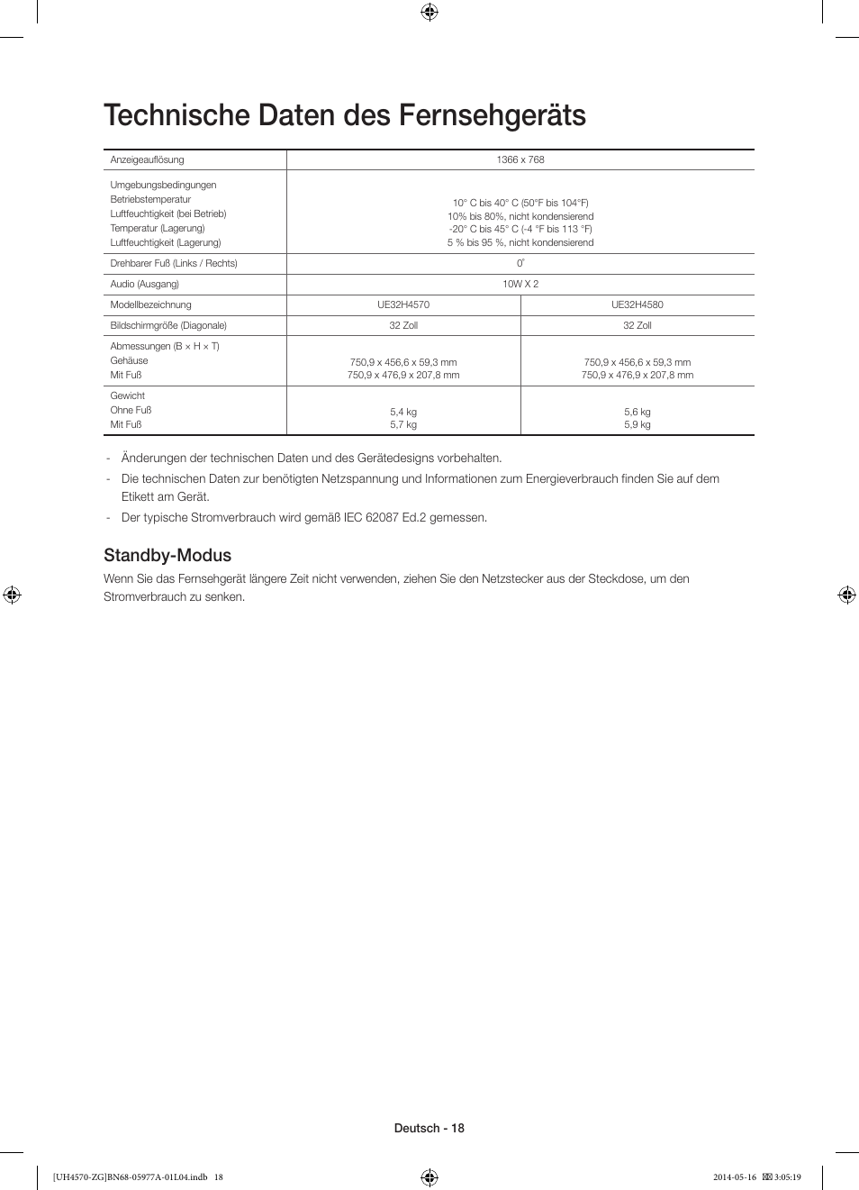 Technische daten des fernsehgeräts, Standby-modus | Samsung UE32H4570SS User Manual | Page 36 / 73