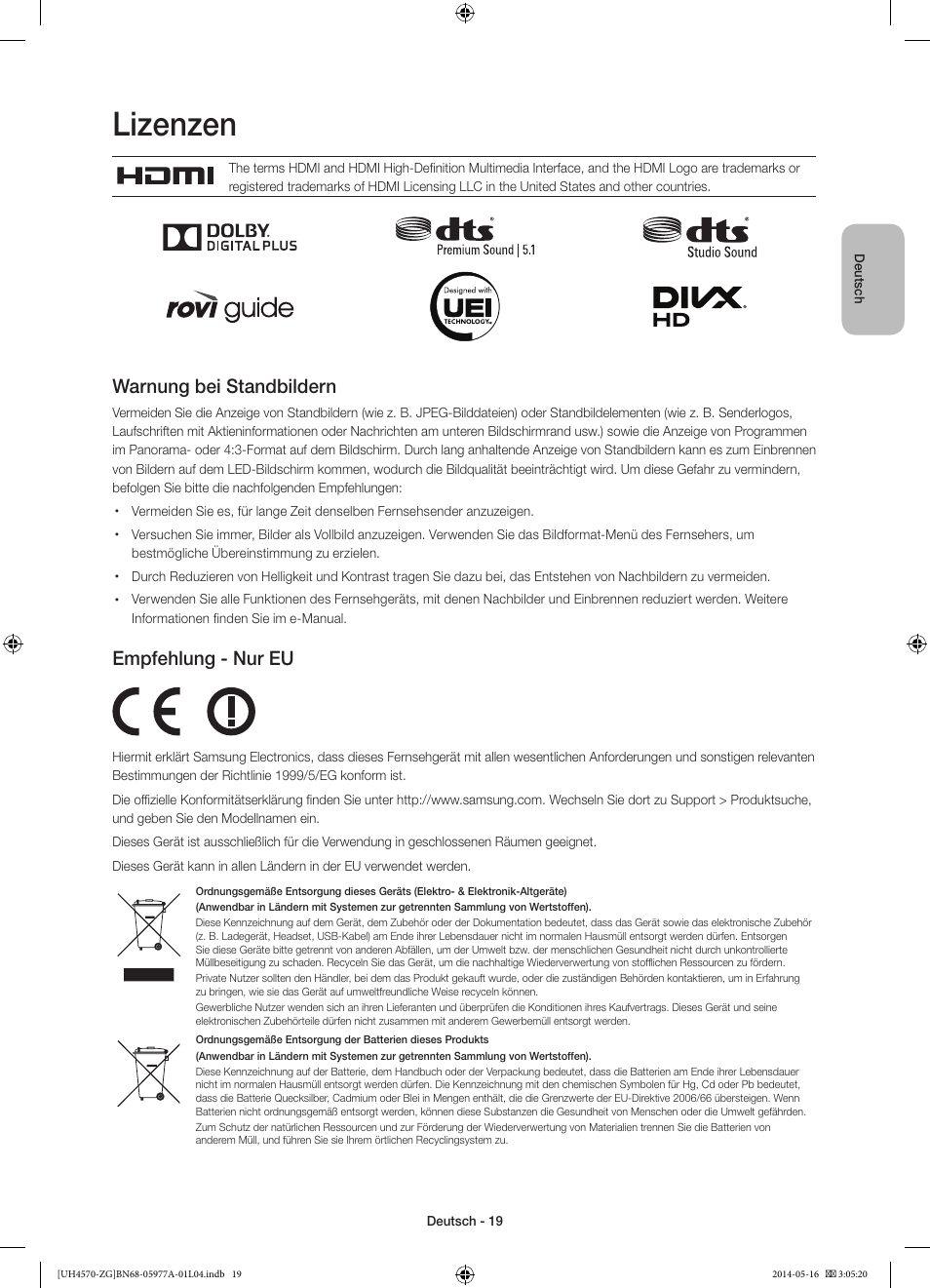 Lizenzen, Warnung bei standbildern, Empfehlung - nur eu | Samsung UE32H4570SS User Manual | Page 37 / 73