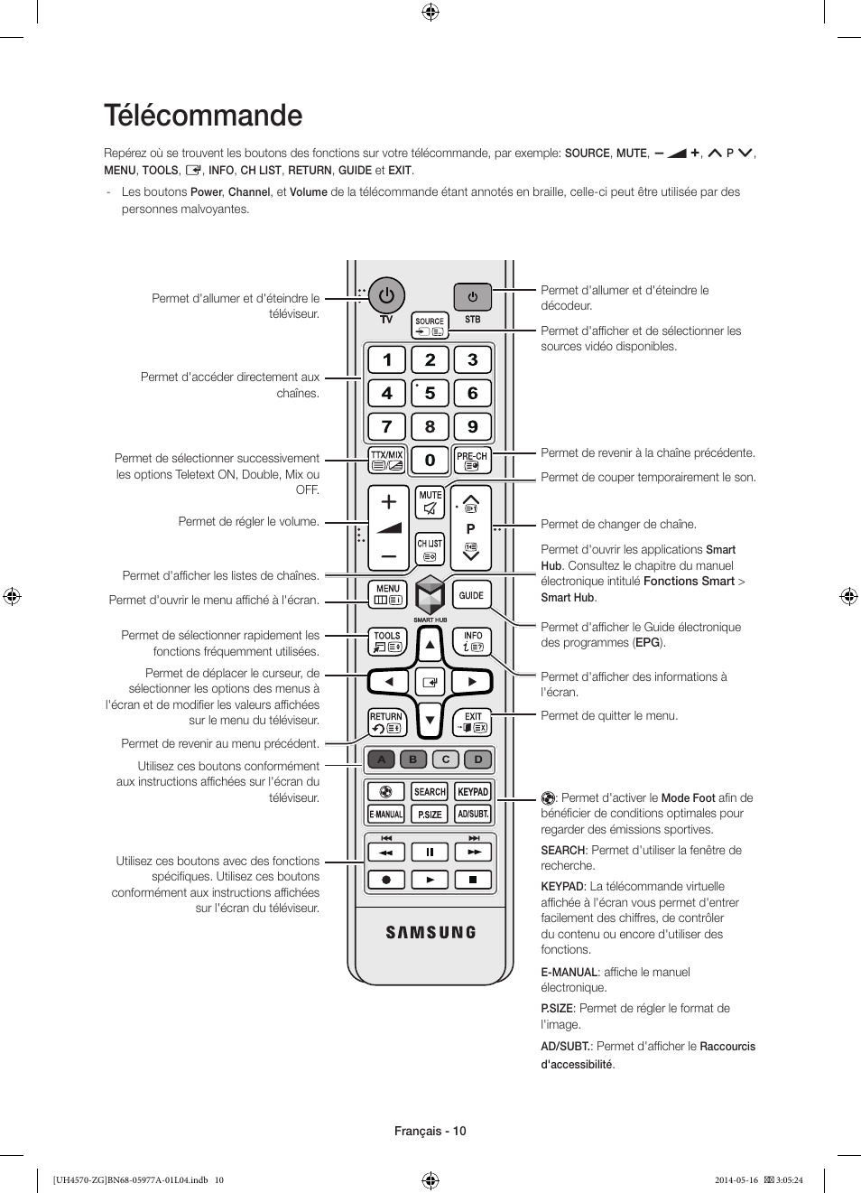 Télécommande | Samsung UE32H4570SS User Manual | Page 46 / 73