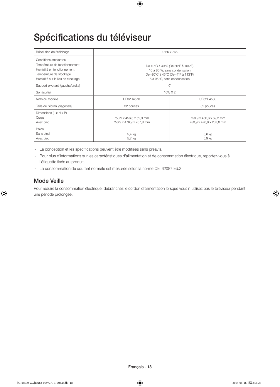 Spécifications du téléviseur, Mode veille | Samsung UE32H4570SS User Manual | Page 54 / 73