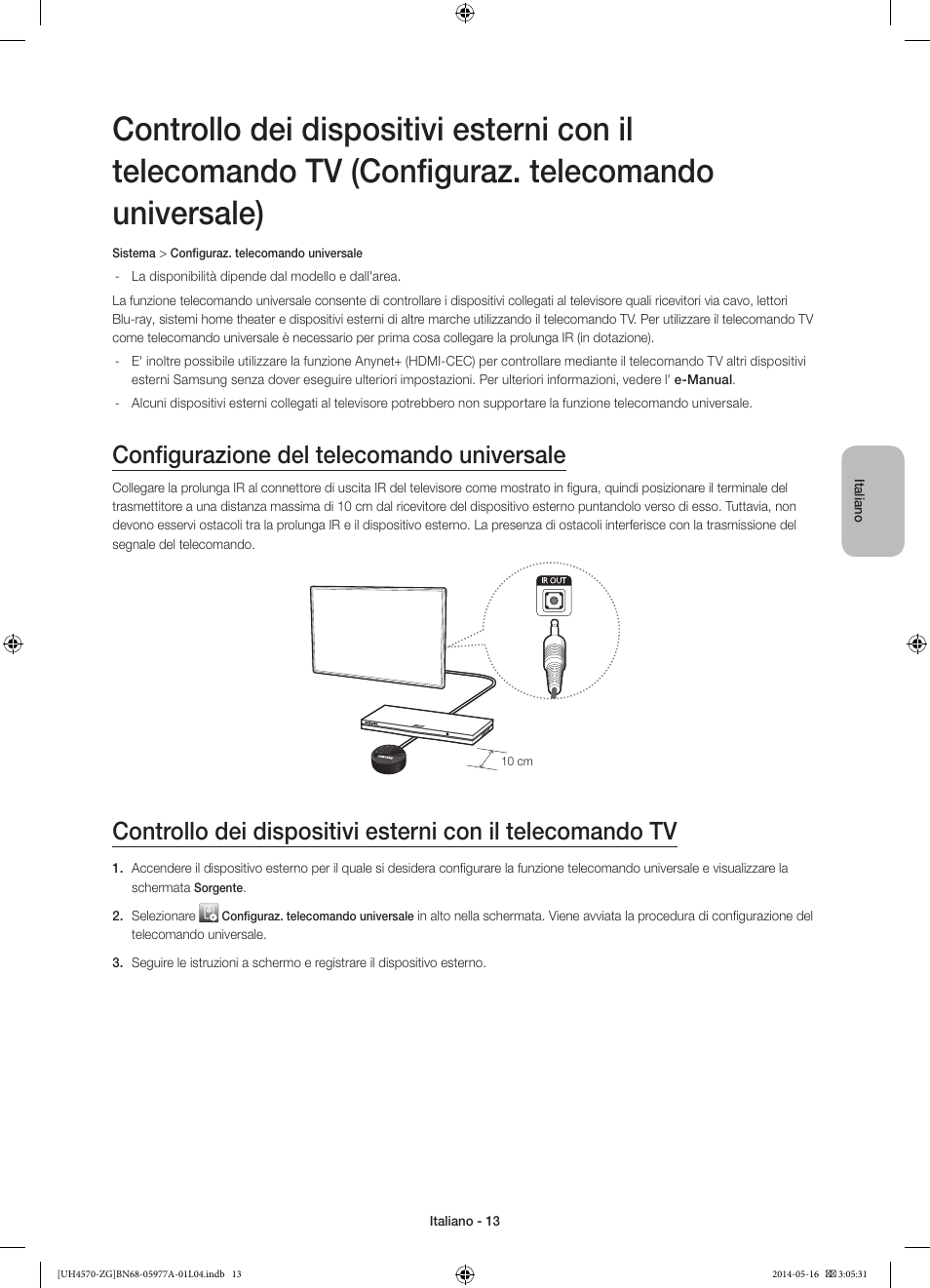 Configurazione del telecomando universale | Samsung UE32H4570SS User Manual | Page 67 / 73