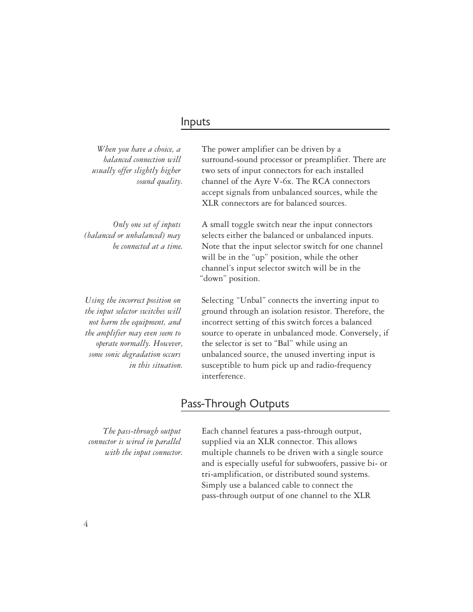 Inputs, Pass-through outputs | Ayre Acoustics V-6x User Manual | Page 6 / 20