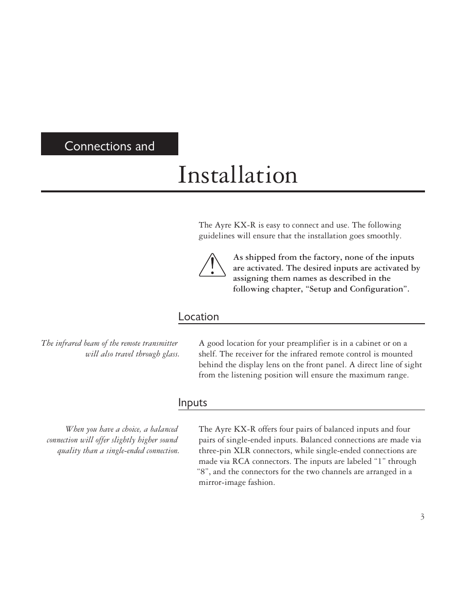 Installation, Connections and | AYRE TK-8150 User Manual | Page 3 / 36