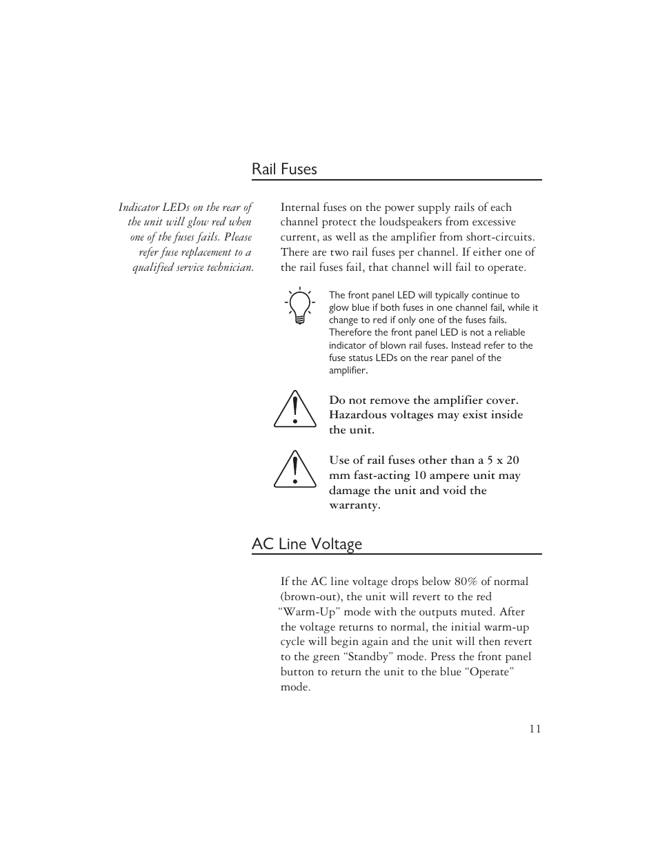 Rail fuses, Ac line voltage | Ayre Acoustics V-5XE User Manual | Page 13 / 20