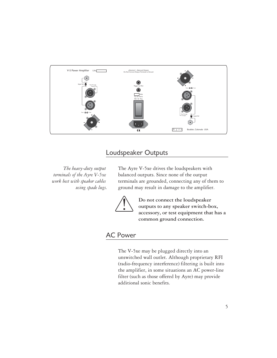 Loudspeaker outputs, Ac power | Ayre Acoustics V-5XE User Manual | Page 7 / 20