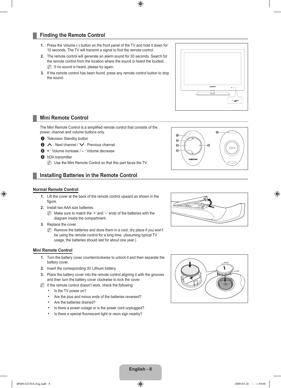 Finding the remote control, Mini remote control, Installing batteries in the remote control | Samsung UE46B8090XW User Manual | Page 10 / 317
