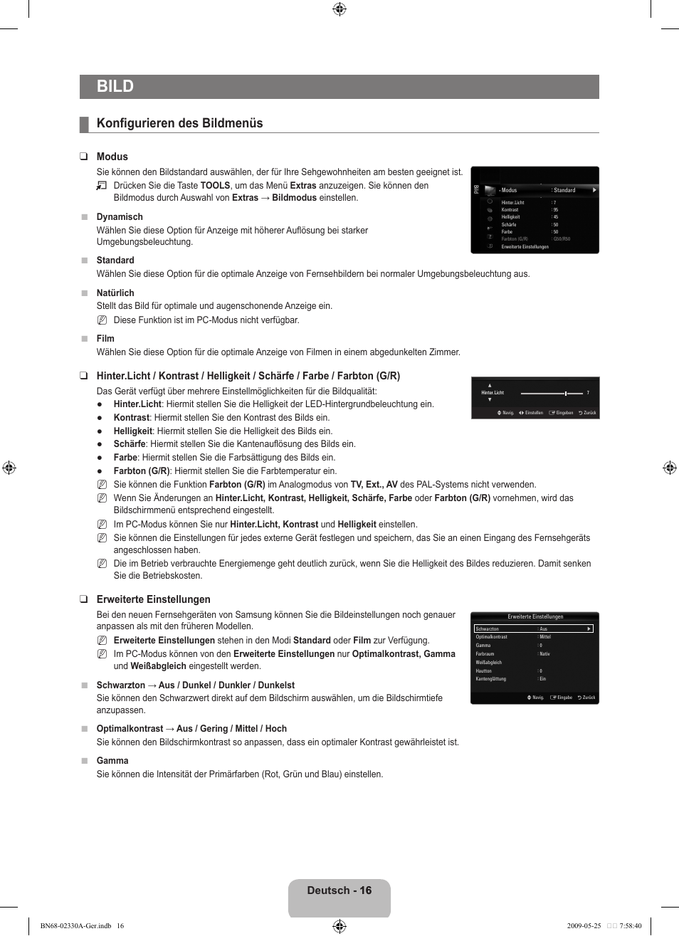 Bild, Konfigurieren des bildmenüs, Deutsch - 16 16 | Modus, Erweiterte einstellungen | Samsung UE46B8090XW User Manual | Page 105 / 317