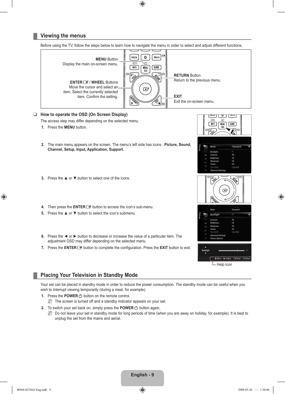 Viewing the menus, Placing your television in standby mode, English | How to operate the osd (on screen display) | Samsung UE46B8090XW User Manual | Page 11 / 317