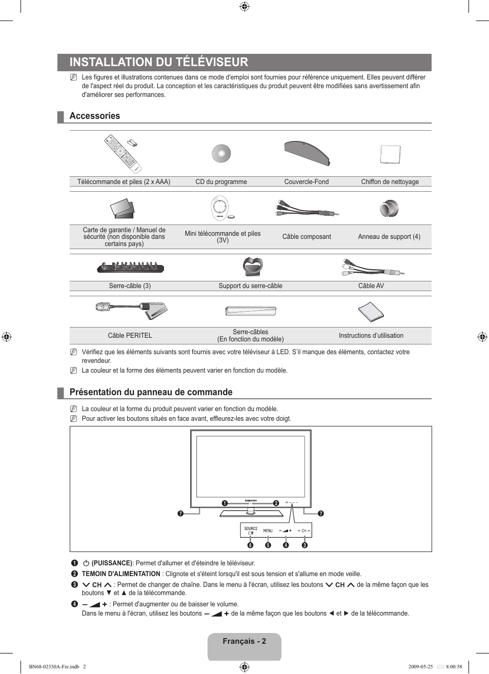 Installation du téléviseur, Accessories, Présentation du panneau de commande | Samsung UE46B8090XW User Manual | Page 165 / 317
