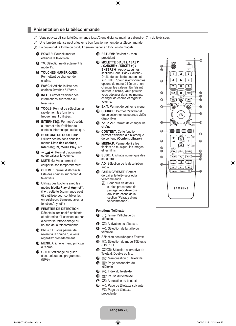 Présentation de la télécommande | Samsung UE46B8090XW User Manual | Page 169 / 317