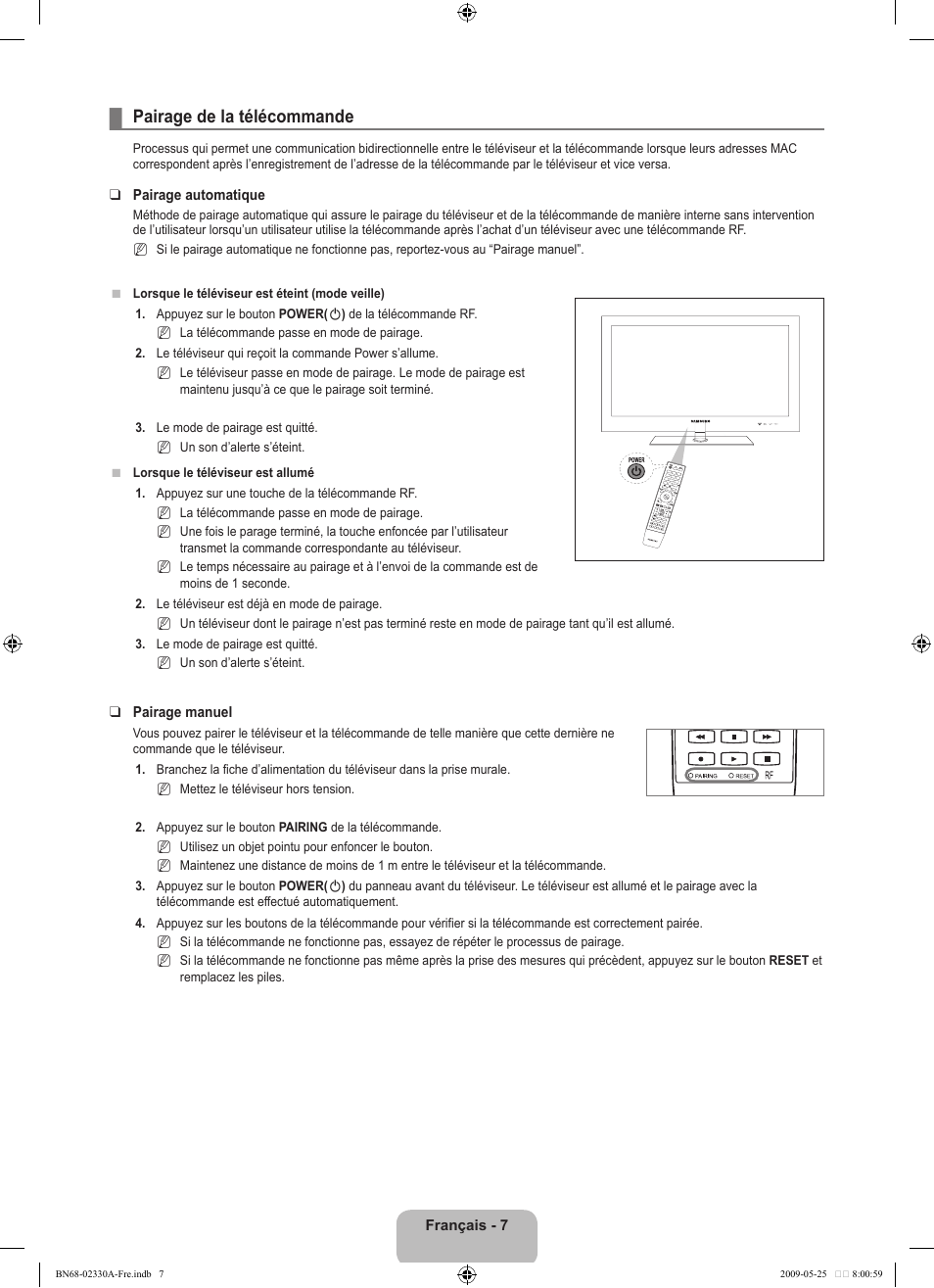 Pairage de la télécommande | Samsung UE46B8090XW User Manual | Page 170 / 317