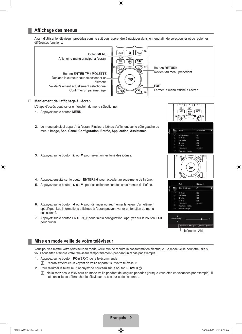 Affichage des menus, Mise en mode veille de votre téléviseur, Français | Maniement de l'affichage à l'écran | Samsung UE46B8090XW User Manual | Page 172 / 317