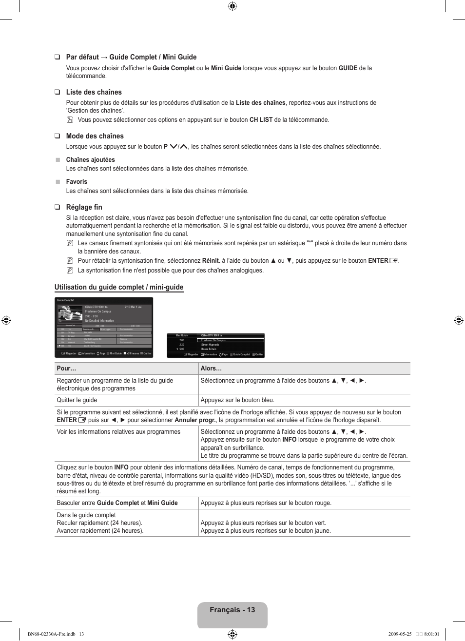 Liste des chaînes, Mode des chaînes, Réglage fin | Utilisation du guide complet / mini-guide | Samsung UE46B8090XW User Manual | Page 176 / 317