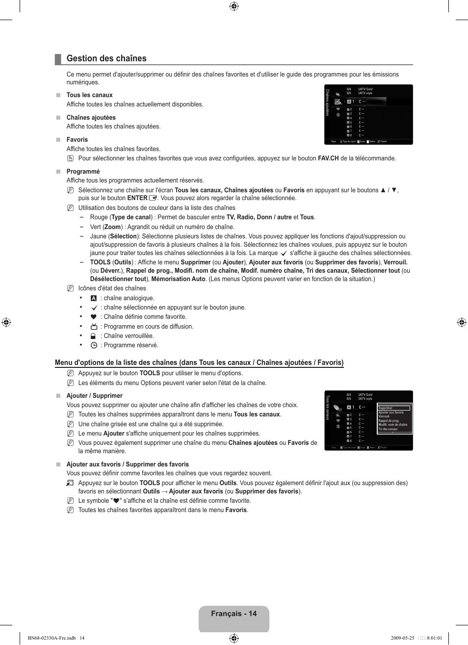 Gestion des chaînes, Français - 14 | Samsung UE46B8090XW User Manual | Page 177 / 317