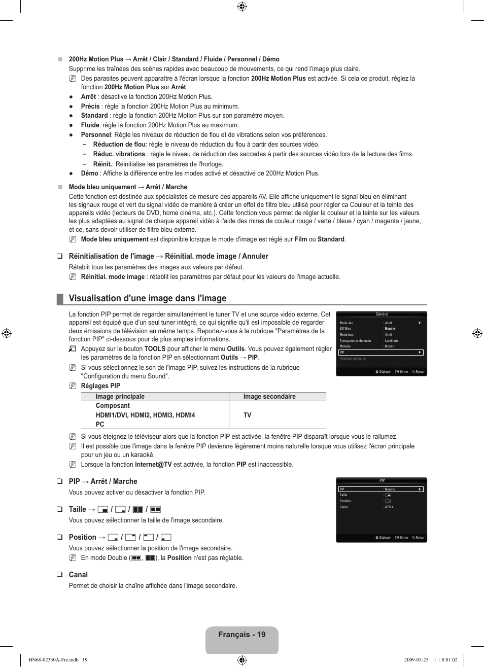 Visualisation d'une image dans l'image, Français - 1, Pip → arrêt / marche | Taille → х / г / а / œ, Position → ã / – / — / œ, Canal | Samsung UE46B8090XW User Manual | Page 182 / 317