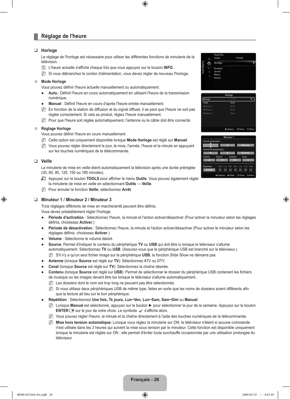 Réglage de l'heure, Français - 26, Horloge | Veille, Minuteur 1 / minuteur 2 / minuteur 3 | Samsung UE46B8090XW User Manual | Page 189 / 317