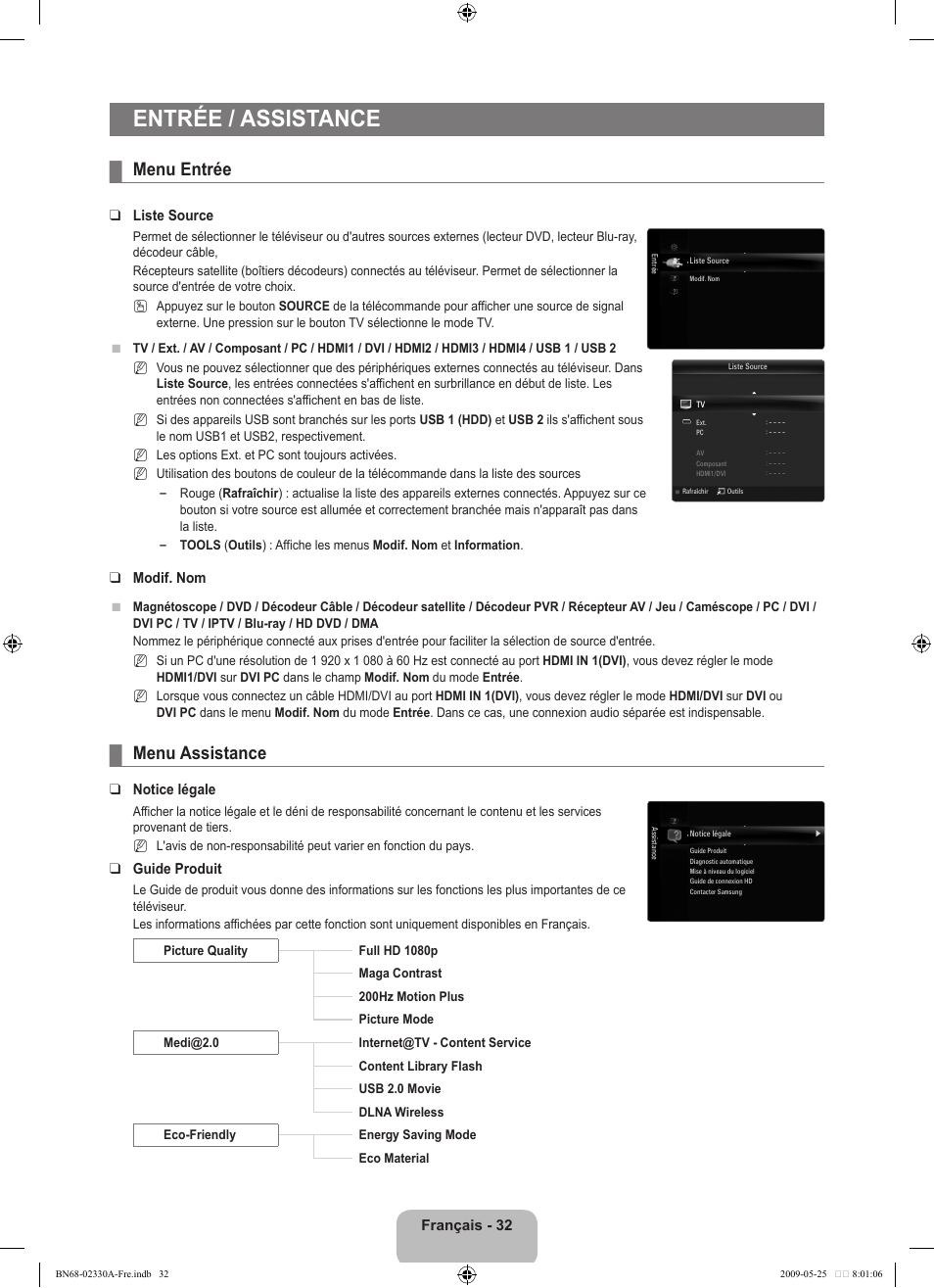 Entrée / assistance, Menu entrée, Menu assistance | Samsung UE46B8090XW User Manual | Page 195 / 317
