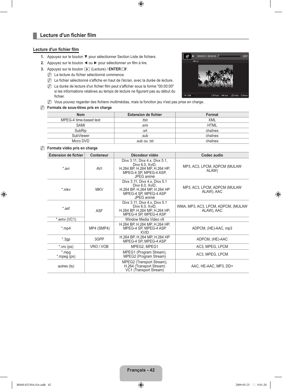 Lecture d'un fichier film | Samsung UE46B8090XW User Manual | Page 205 / 317