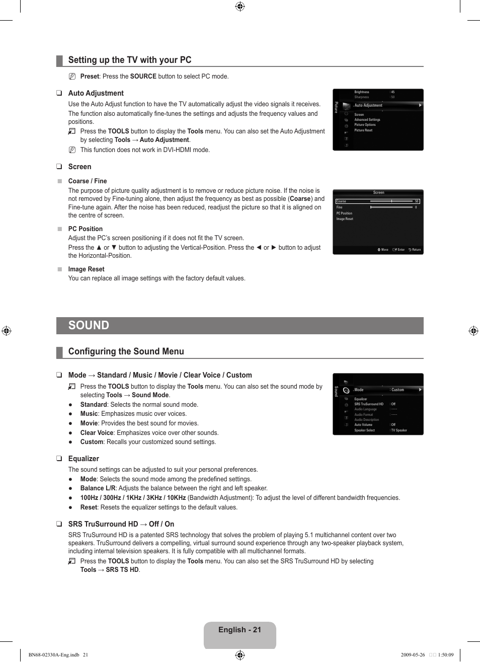Setting up the tv with your pc, Sound, Configuring the sound menu | English - 21, Auto adjustment, Screen, Equalizer, Srs trusurround hd → off / on | Samsung UE46B8090XW User Manual | Page 23 / 317