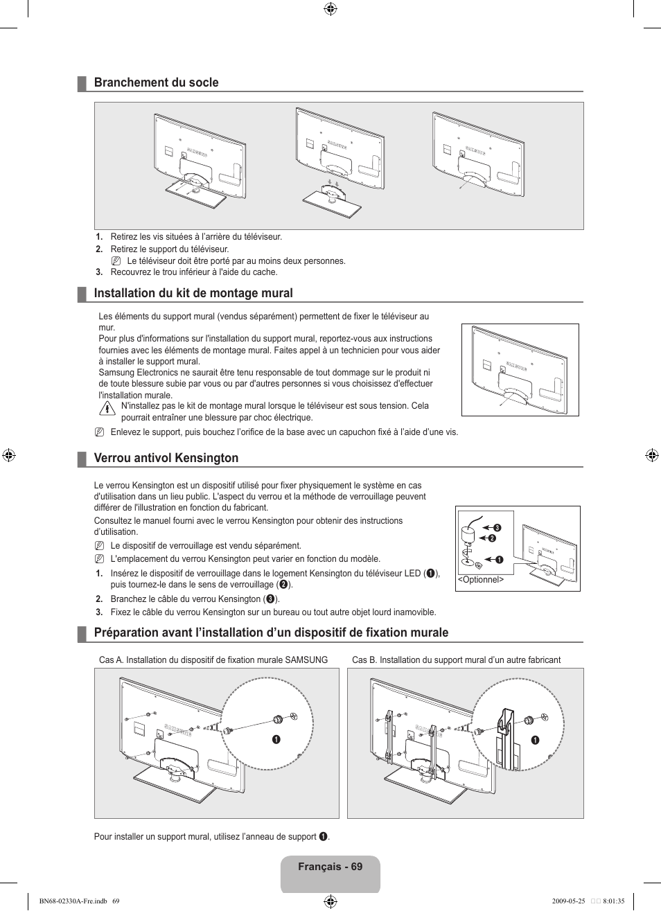 Branchement du socle, Installation du kit de montage mural, Verrou antivol kensington | Samsung UE46B8090XW User Manual | Page 232 / 317