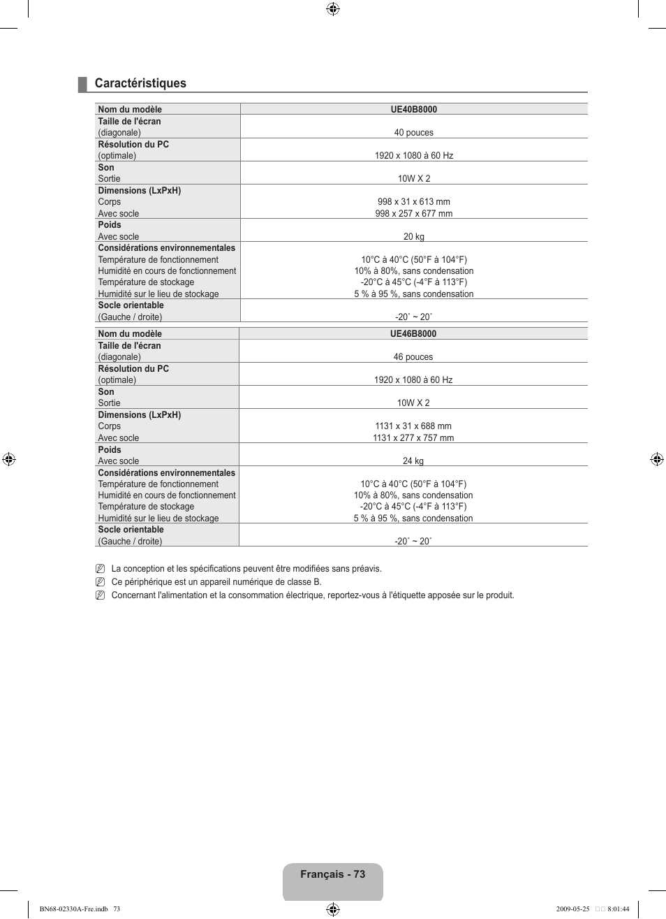 Caractéristiques | Samsung UE46B8090XW User Manual | Page 236 / 317