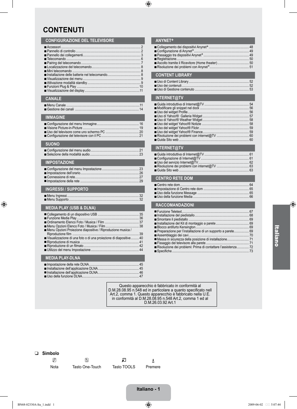 Contenuti, Italiano | Samsung UE46B8090XW User Manual | Page 238 / 317