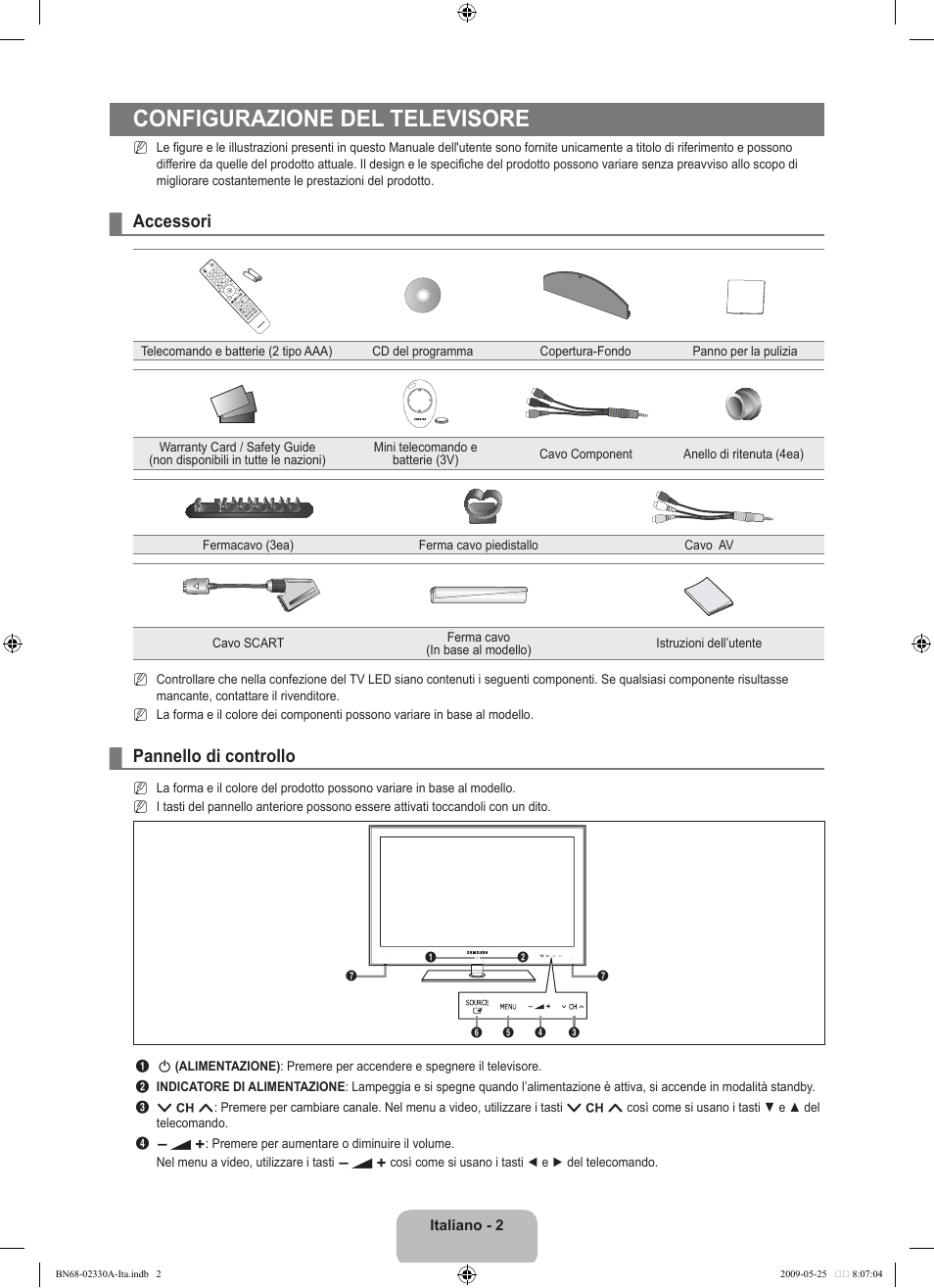 Configurazione del televisore, Accessori, Pannello di controllo | Samsung UE46B8090XW User Manual | Page 239 / 317