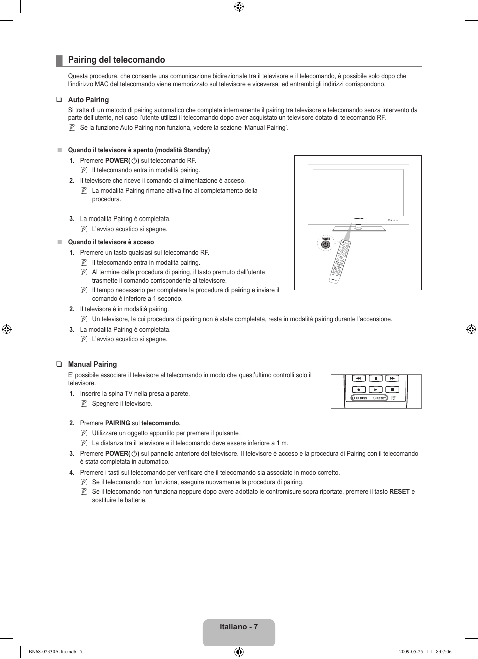 Pairing del telecomando | Samsung UE46B8090XW User Manual | Page 244 / 317