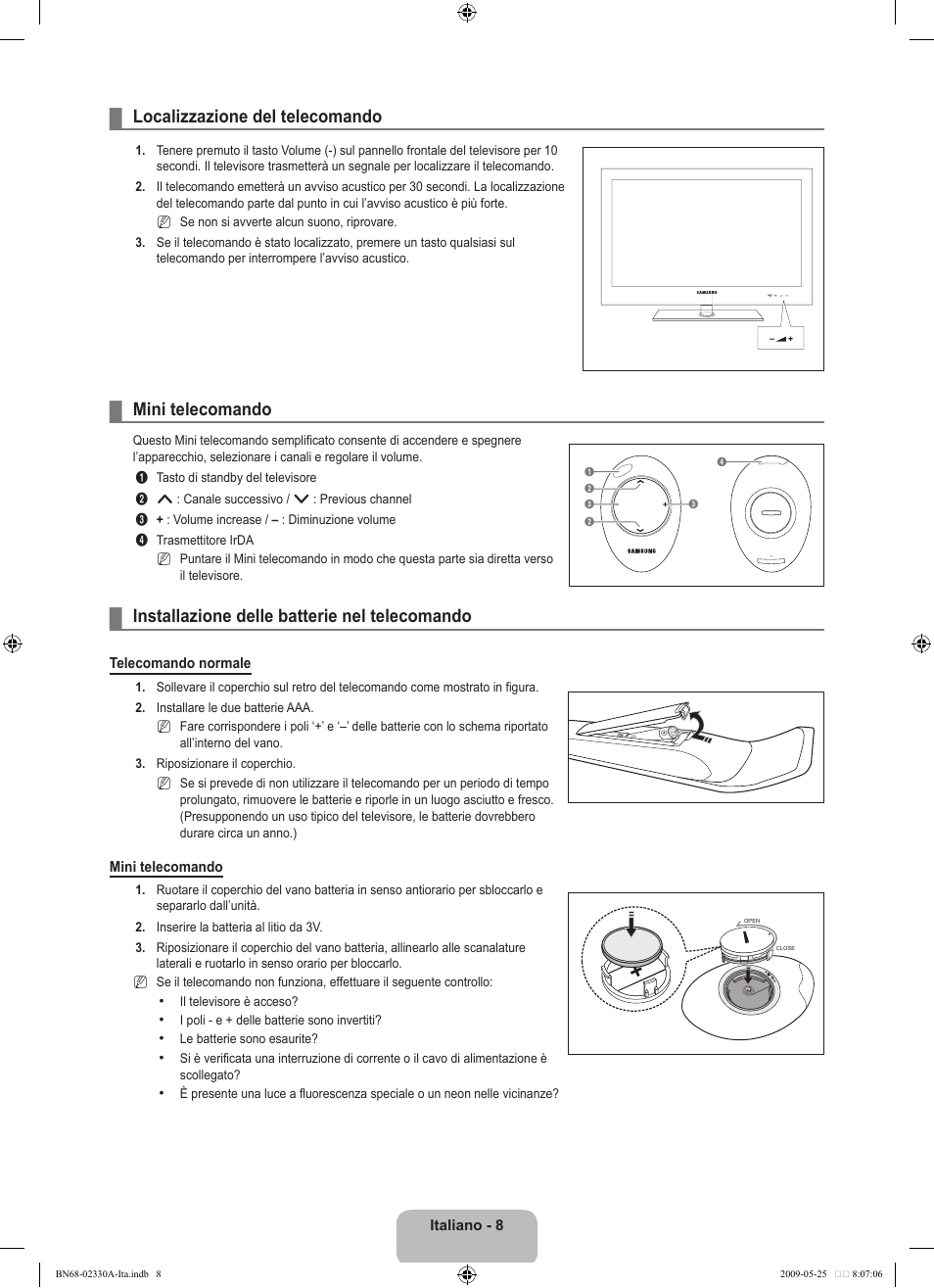 Localizzazione del telecomando, Mini telecomando, Installazione delle batterie nel telecomando | Samsung UE46B8090XW User Manual | Page 245 / 317