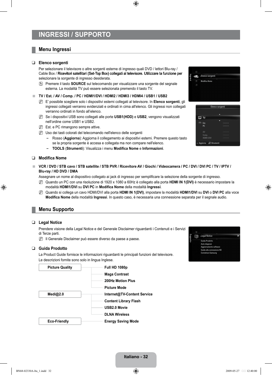 Ingressi / supporto, Menu ingressi, Menu supporto | Samsung UE46B8090XW User Manual | Page 269 / 317