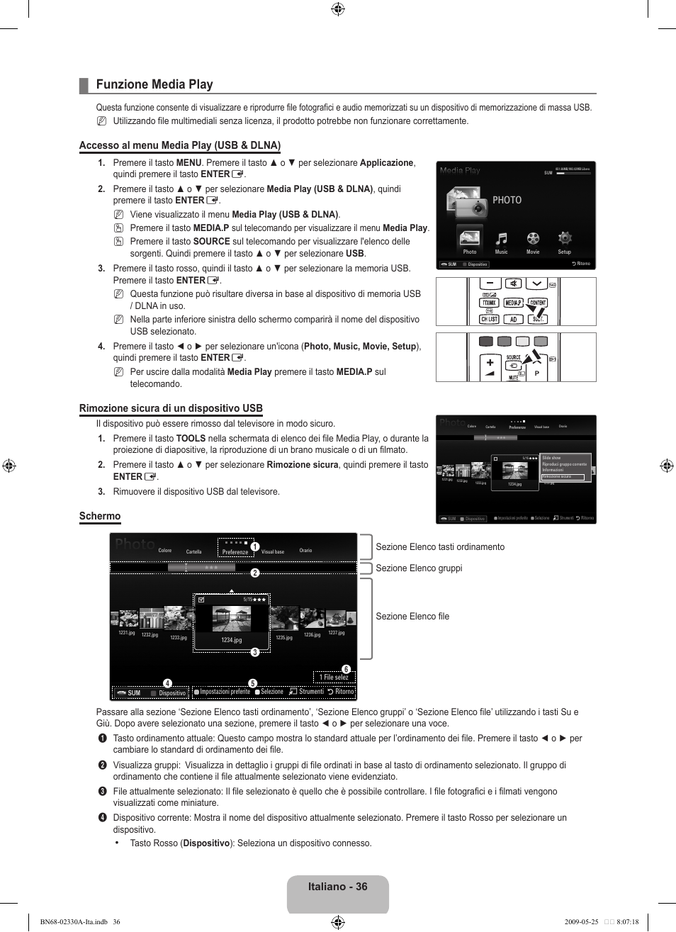 Funzione media play, Italiano - 36, Accesso al menu media play (usb & dlna) | Rimozione sicura di un dispositivo usb, Schermo, Photo | Samsung UE46B8090XW User Manual | Page 273 / 317
