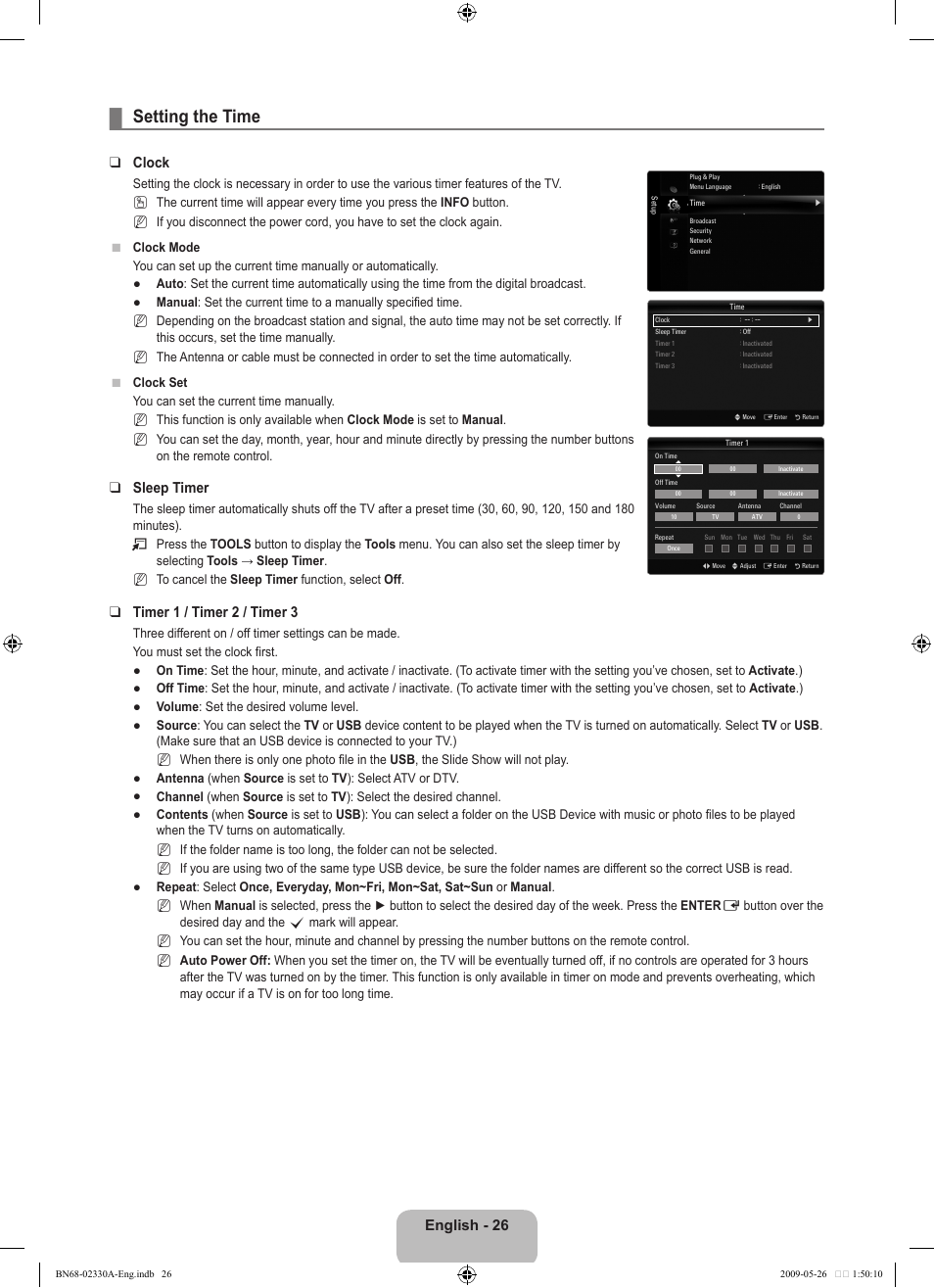 Setting the time, English - 26, Clock | Sleep timer, Timer 1 / timer 2 / timer 3 | Samsung UE46B8090XW User Manual | Page 28 / 317