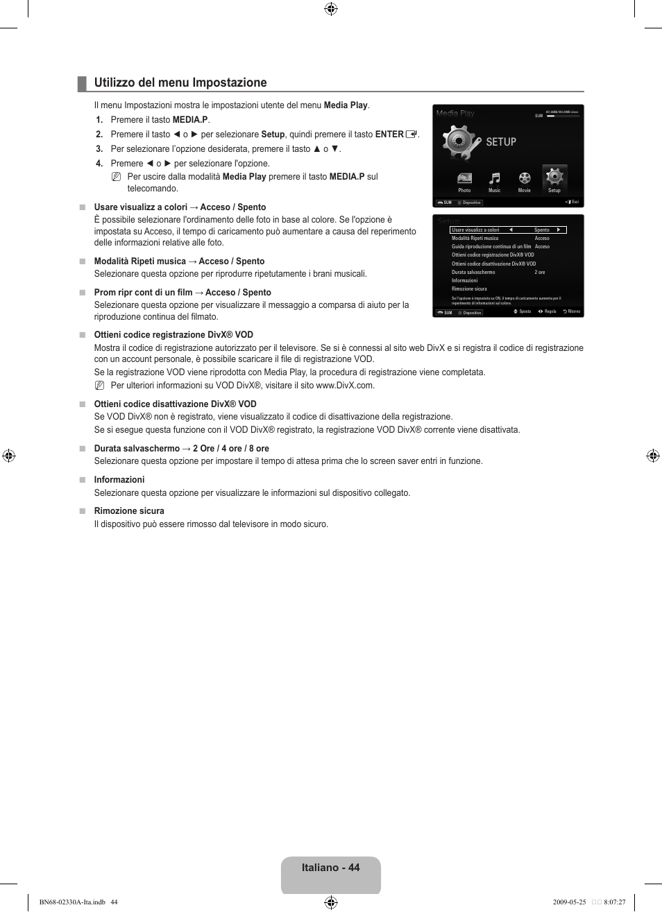 Utilizzo del menu impostazione, S�tup, Italiano - 44 | Samsung UE46B8090XW User Manual | Page 281 / 317